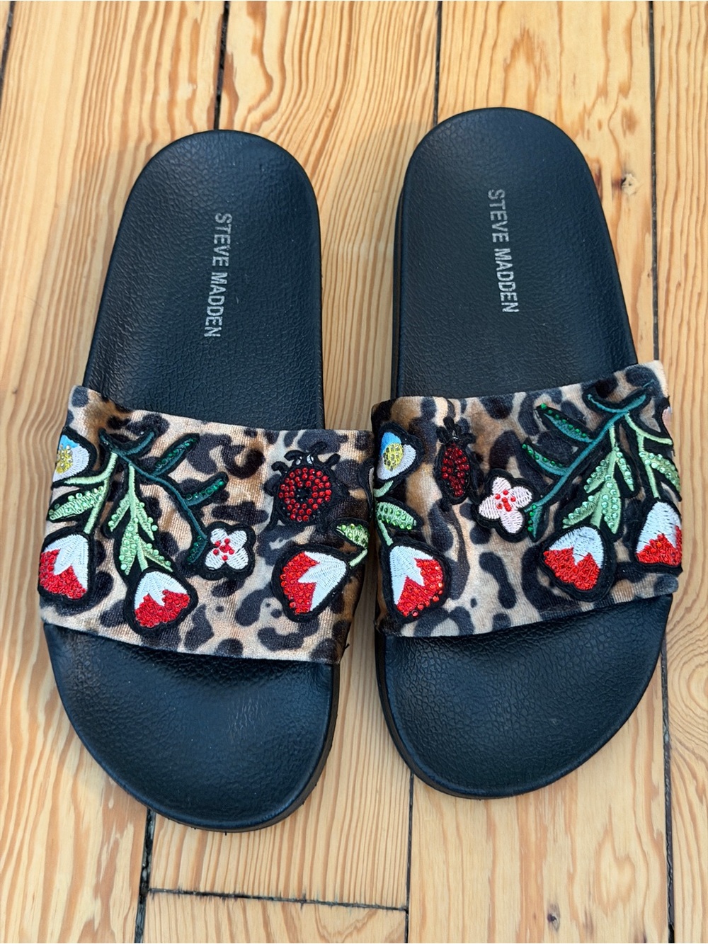 Steve Madden Leopard Slide Sandals with Floral Embroidery - Black and Brown